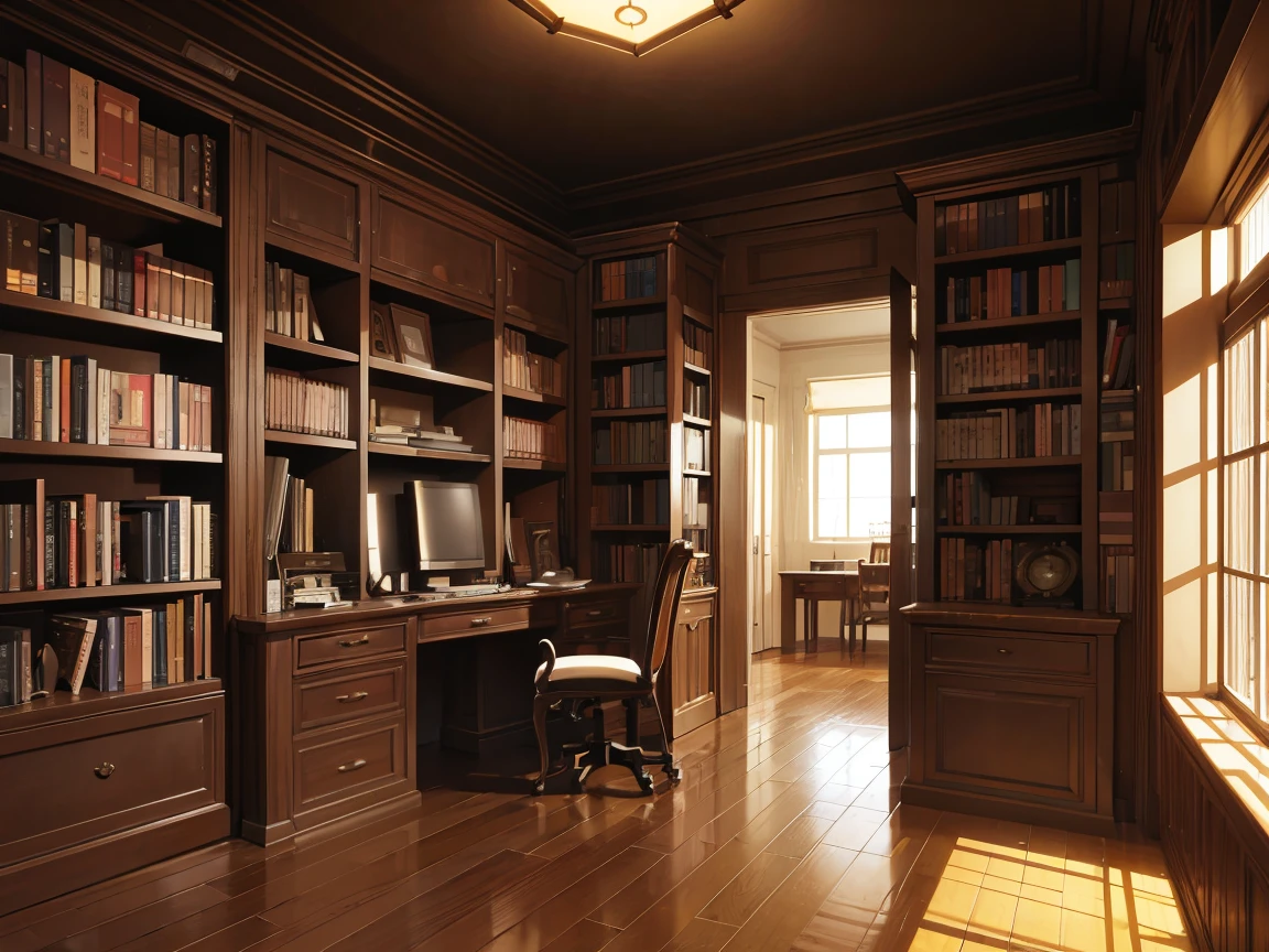 A narrow and dark study、A wall completely covered with bookshelves、desk with a computer、No people