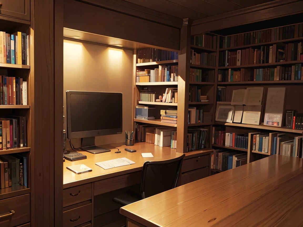 A narrow and dark study、A wall completely covered with bookshelves、desk with a computer、No people