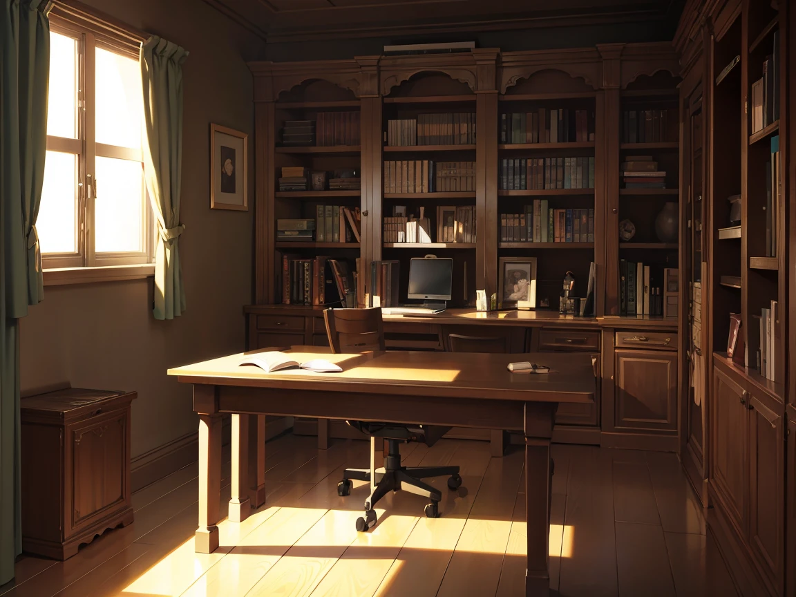 A narrow and dark study、A wall completely covered with bookshelves、desk with a computer、No people