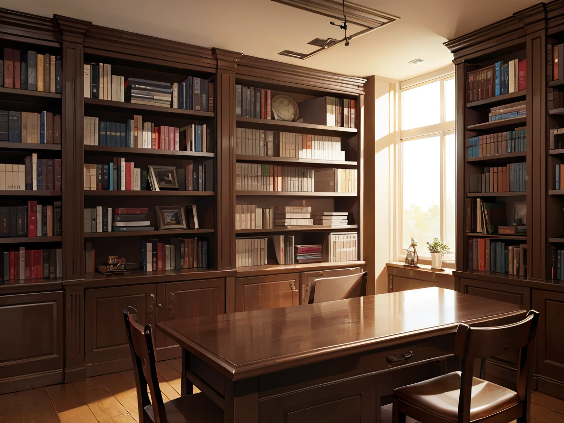 A narrow and dark study、A wall completely covered with bookshelves、desk with a computer、No people