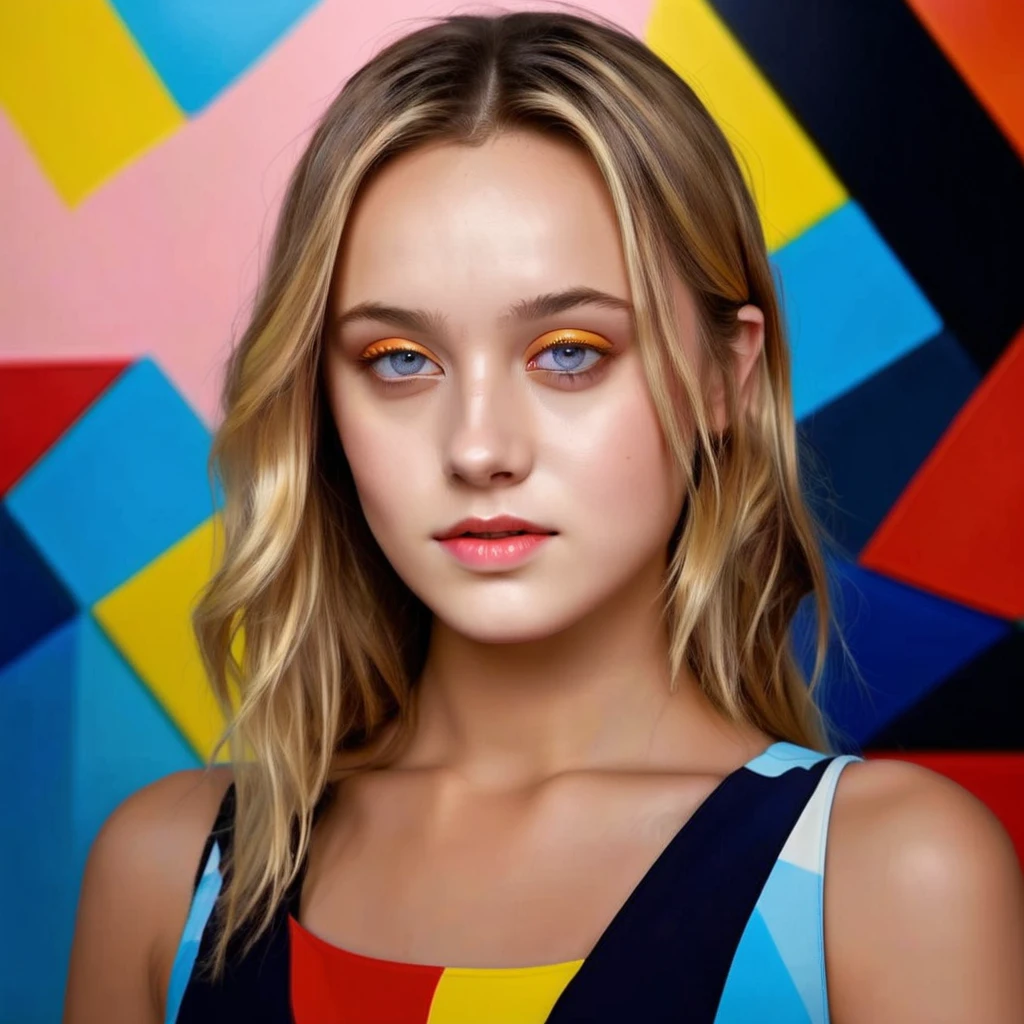 Young woman leighton Meester, Alicia Vikander blonde hair girl, Dakota Fanning,minimalist art, abstract, bold colors, 1girl, beautiful detailed eyes, beautiful detailed lips, extremely detailed face, long eyelashes, portrait, digital painting, oil painting, acrylic, vibrant colors, vivid colors, high contrast, dramatic lighting, cinematic lighting, dramatic shadows, minimalist background, geometric shapes, clean composition, surreal, dreamlike, impressionistic, hyperrealistic, photorealistic, 8k, highres, best quality, masterpiece, symmetrical