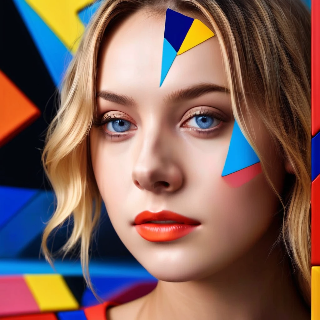 Young woman leighton Meester, Alicia Vikander blonde hair girl, Dakota Fanning,minimalist art, abstract, bold colors, 1girl, beautiful detailed eyes, beautiful detailed lips, extremely detailed face, long eyelashes, portrait, digital painting, oil painting, acrylic, vibrant colors, vivid colors, high contrast, dramatic lighting, cinematic lighting, dramatic shadows, minimalist background, geometric shapes, clean composition, surreal, dreamlike, impressionistic, hyperrealistic, photorealistic, 8k, highres, best quality, masterpiece, symmetrical