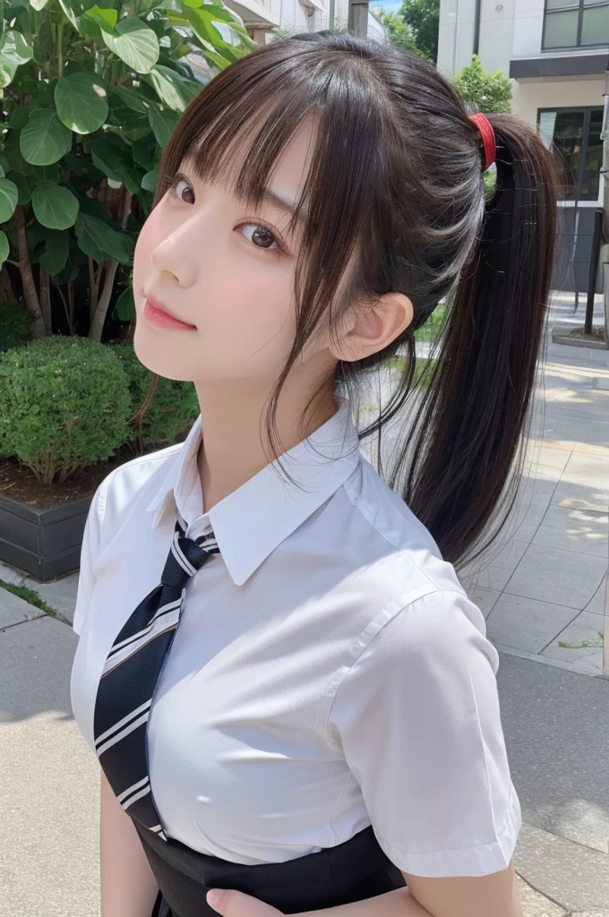 1 Girl, alone, Japanese girl, 14 years old, 、(Highest quality, Realistic, High resolution, 8K, Very detailed, Detailed face, Shiny skin), Japanese , Collared shirt, White shirt, Red ribbon tie, Black Hair, ragged bangs, ponytail,Gazing into the distance,Checked mini skirt、Nice thighs、Are standing,smile、Shooting from the side、
