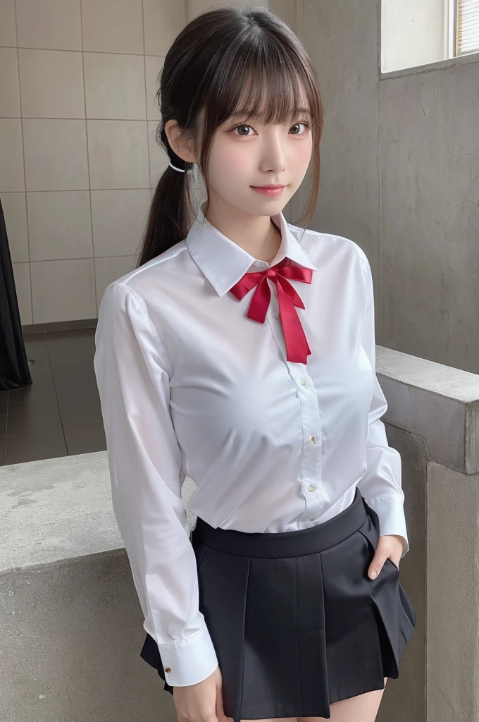 1 Girl, alone, Japanese girl, , 、(Highest quality, Realistic, High resolution, 8K, Very detailed, Detailed face, Shiny skin), Japanese , Collared shirt, White shirt, Red ribbon tie, Black Hair, ragged bangs, ponytail,Gazing into the distance,Checked mini skirt、Nice thighs、Are standing,smile、Shooting from the side、