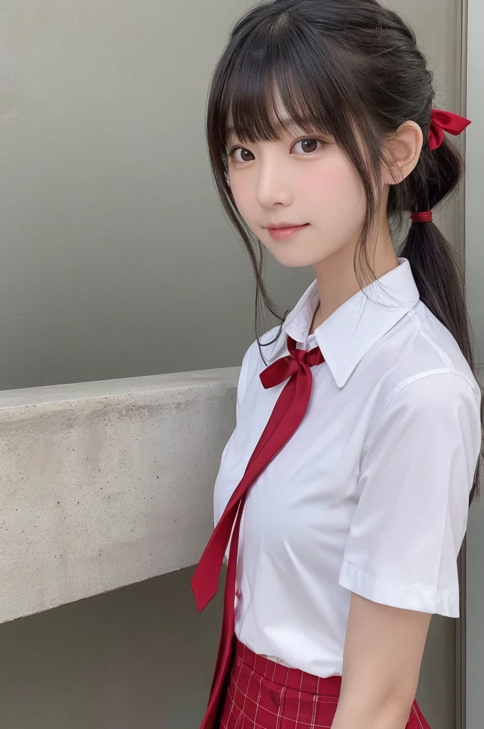 1 Girl, alone, Japanese girl, , 、(Highest quality, Realistic, High resolution, 8K, Very detailed, Detailed face, Shiny skin), Japanese , Collared shirt, White shirt, Red ribbon tie, Black Hair, ragged bangs, ponytail,Gazing into the distance,Checked mini skirt、Nice thighs、Are standing,smile、Shooting from the side、