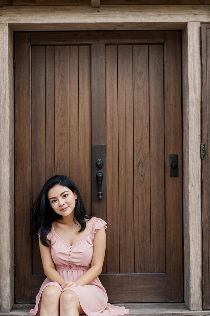 
A woman with black hair and a pink dress is sitting in front of a wooden door
