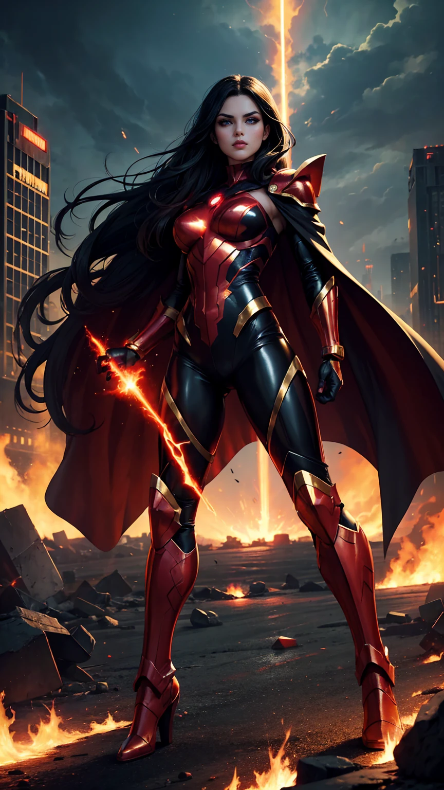 (((full body photo))) Detailed background, masterpiece, best quality, 25 year old female supervillain, red skin decent, black eyeballs, futuristic skyline, burning buildings, meteor crashing in background, super long flowing black hair, long gold cape, evil but beautiful face, toned thin figure, full body, flying pose, elegant, powerful, immortal, lit by red solar flare, fire storm, body armor, armored gold boots, glowing red accents on costume, gold armored gloves, red and black superhero bodysuit, red glow in eyes