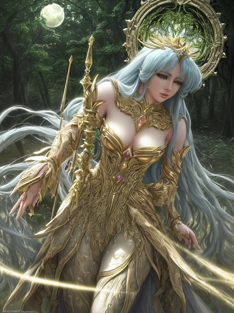 A beautiful detailed goddess Artemis from Saint Seiya, with extremely detailed eyes and face, long eyelashes, wearing an intricate elegant goddess dress in a lush forest background, with a magical atmosphere and dramatic lighting, in a cinematic composition, fantasy digital art, photorealistic, (best quality,4k,8k,highres,masterpiece:1.2),ultra-detailed,(realistic,photorealistic,photo-realistic:1.37),HDR,UHD,studio lighting,ultra-fine painting,sharp focus,physically-based rendering,extreme detail description,professional,vivid colors,bokeh, luna goddess, moon in the sky, lunar scepter