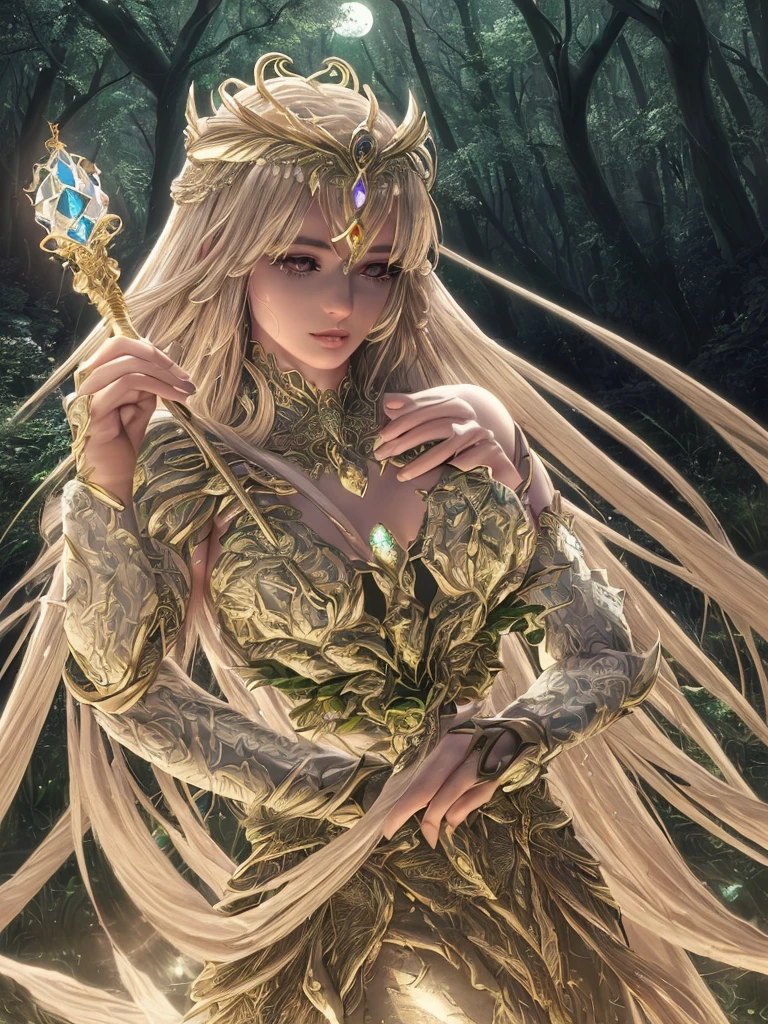 A beautiful detailed goddess Artemis from Saint Seiya, with extremely detailed eyes and face, long eyelashes, wearing an intricate elegant goddess dress in a lush forest background, with a magical atmosphere and dramatic lighting, in a cinematic composition, fantasy digital art, photorealistic, (best quality,4k,8k,highres,masterpiece:1.2),ultra-detailed,(realistic,photorealistic,photo-realistic:1.37),HDR,UHD,studio lighting,ultra-fine painting,sharp focus,physically-based rendering,extreme detail description,professional,vivid colors,bokeh, luna goddess, moon in the sky, lunar scepter