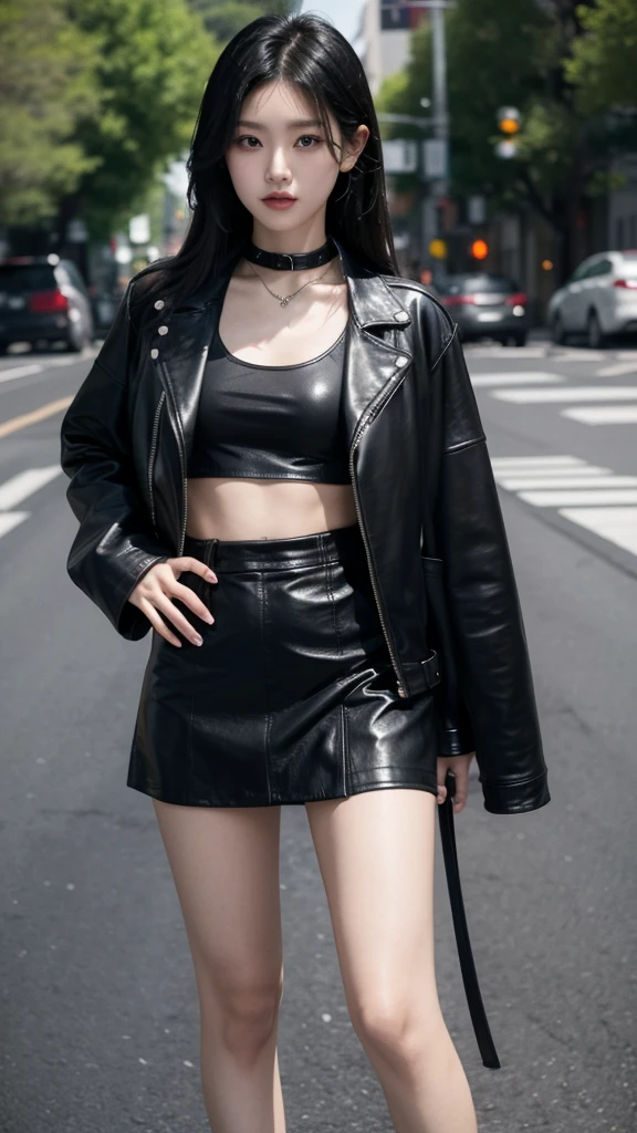 Japanese girl wears a black leather jacket, has long black hair, wears a black crop top, wears a short black skirt, wears sandals, has a sexy stomach, wears a black leather choker necklace (masterpiece) 8k full resolution