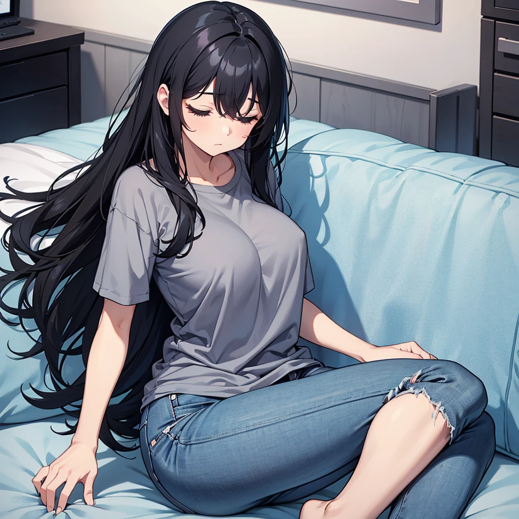 A tired girl is sleeping, black hair, wearing grey t-shirt and greyish blue half jeans, full view