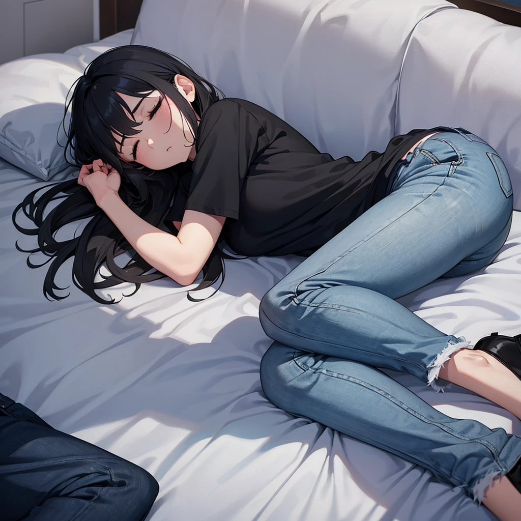 A tired girl is sleeping, black hair, wearing grey t-shirt and greyish blue half jeans, full view
