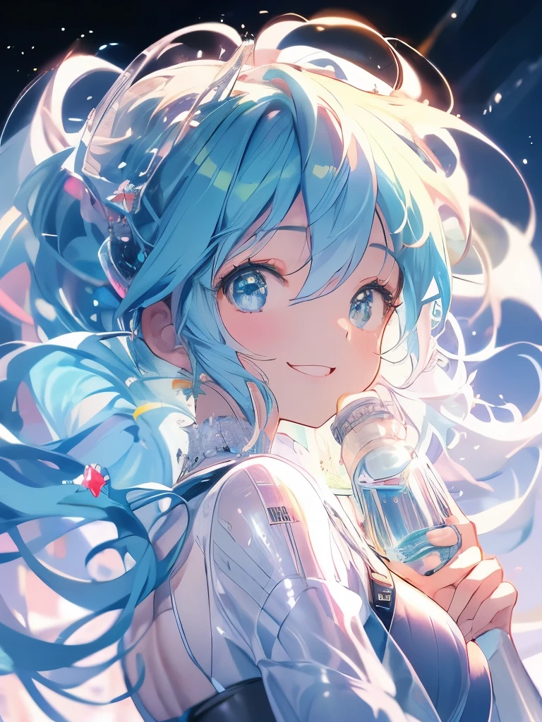 masterpiece、Hatsune Miku、Light blue hair、Long Hair、The wind is blowing、Sparkling eyes、smile、(((Holding a plastic bottle)))、injection
