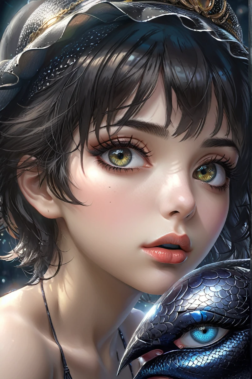 beautiful detailed eyes, beautiful detailed lips, extremely detailed eyes and face, long eyelashes, 1 girl, fantasy art, hyperrealistic, dynamic lighting, art station, poster, volumetric lighting, very detailed face, 4k, award-winning, (dark:1.6), in the dark, deep shadows, subtle, portrait, (bikini:1.4), short hair, black hair, this peels off