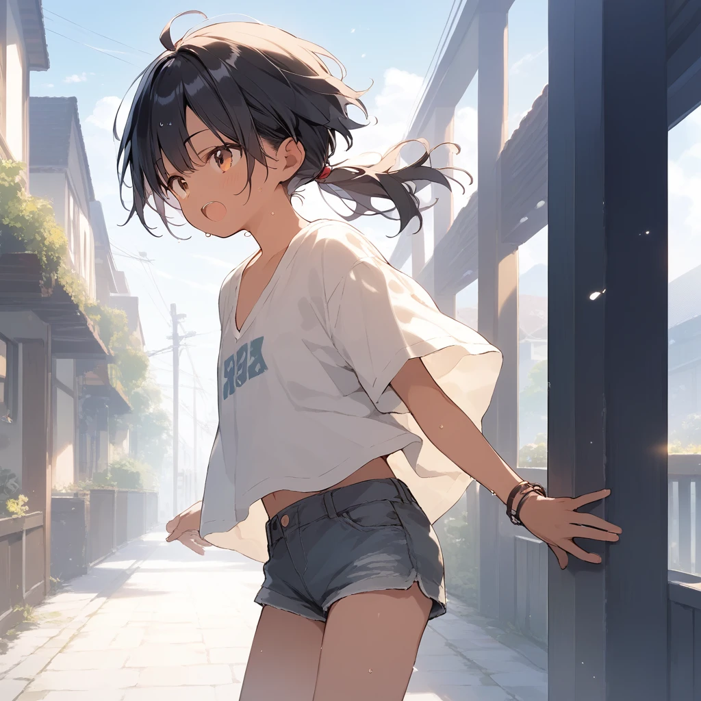 score_9, score_8_up, score_7_up, source_anime, best quality, masterpiece, official art, absurdres, highres, ultra-detailed,waifu2x,Collection: Slice of Life,break,1girl, tomboy, dark-skinned female, short hair, low ponytail, flat chest, beautiful detailed eyes, short shorts, sweat, open mouth, (yawn:0.3), sleepily, outdoors, wind, break,(clear line illustration:1.2),very high resolution, very aesthetic, super detailed skin, Best sexual lighting powered by famous artist, 8k,cute picture,beauty illustration,photoshop_(medium),,(Detailed Lighting),best anime 8k konachan wallpaper, pixiv contest winner,