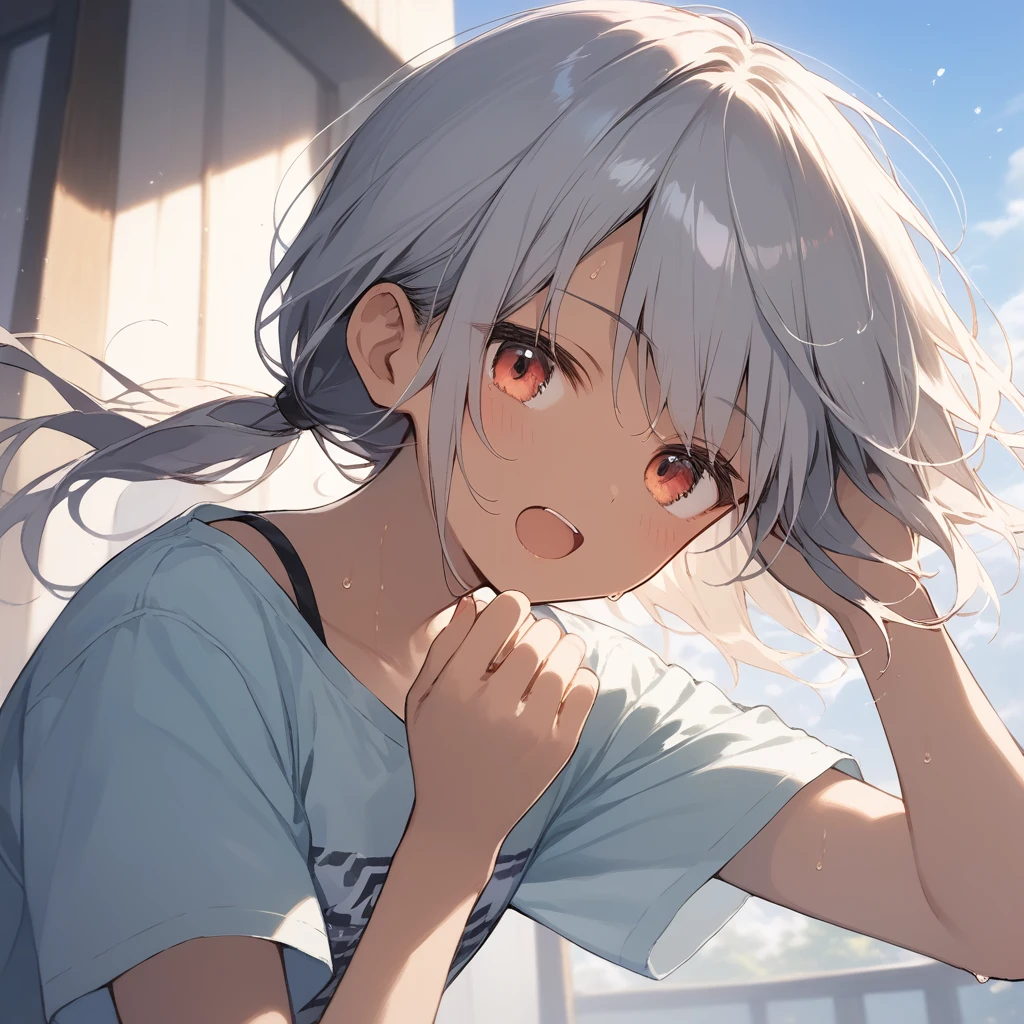 score_9, score_8_up, score_7_up, source_anime, best quality, masterpiece, official art, absurdres, highres, ultra-detailed,waifu2x,Collection: Slice of Life,break,1girl, tomboy, dark-skinned female, short hair, low ponytail, flat chest, beautiful detailed eyes, short shorts, sweat, open mouth, (yawn:0.3), sleepily, outdoors, wind, break,(clear line illustration:1.2),very high resolution, very aesthetic, super detailed skin, Best sexual lighting powered by famous artist, 8k,cute picture,beauty illustration,photoshop_(medium),,(Detailed Lighting),best anime 8k konachan wallpaper, pixiv contest winner,
