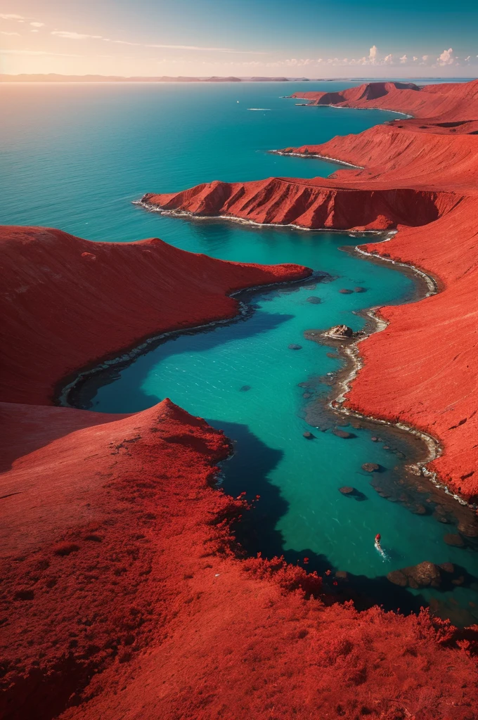 hyper realistic landscape within the red colored sea with a hand emerging above the waters
