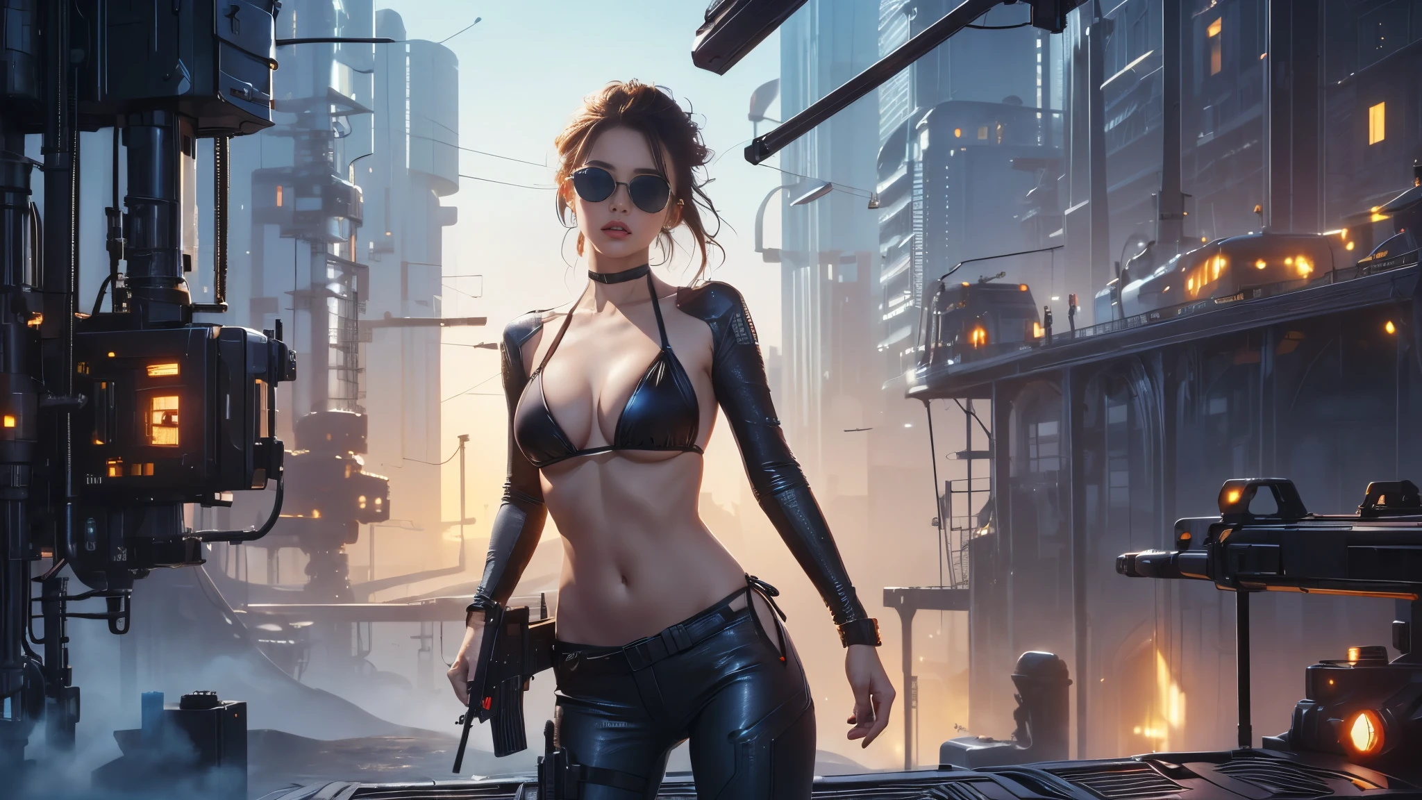 (((a medium-breast bikini slim GIRL with black (micro) sunglasses))), (((((aiming at viewer with a pistol))))), a balcony of a futuristic building, aerial view of an ultra-futuristic megalopolis, metal buildings and houses in dark colors from dark blue to black, shades of metal gray, smoky metal structures, industrial environment with smoke and fog around, dark cars on the streets, desert megalopolis, modern metal rails and trains passing through, tall futuristic metal buildings, ultra modern buildings, realistic, detailed, sci-fi.