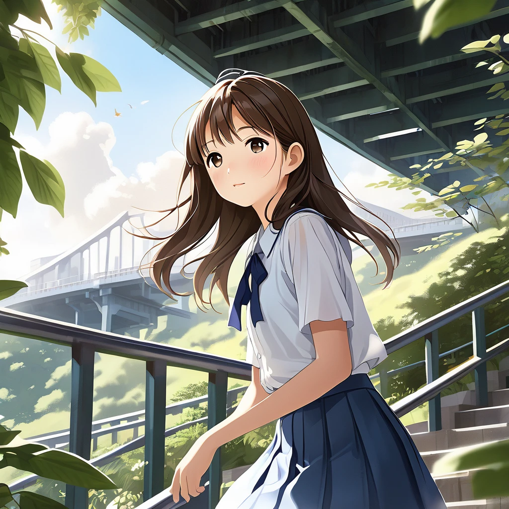 Create a high-resolution, natural-looking digital illustration of a age Japanese girl. She has a youthful, round face with a comforting and gentle expression. Her long, silky brown hair flows smoothly down her back, and she has clear, beautiful skin. The setting is under a pedestrian bridge, and the shot is a full-body view taken from a low angle. She is climbing stairs with a strong wind blowing, causing her summer skirt to flutter slightly. She has large, expressive black eyes. Her summer consists of a short-sleeved white blouse with a light blue ribbon tie and a pleated navy skirt. The background includes the underside of the bridge, a few stairs, and some green foliage peeking through. Ensure the image adheres to all policies and portrays a wholesome and friendly vibe.