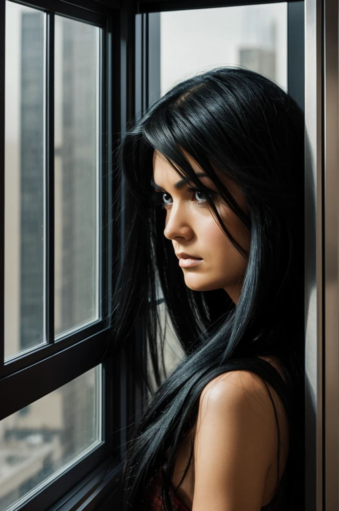 Create a superhero with long black hair looking out a window with a worried expression. 