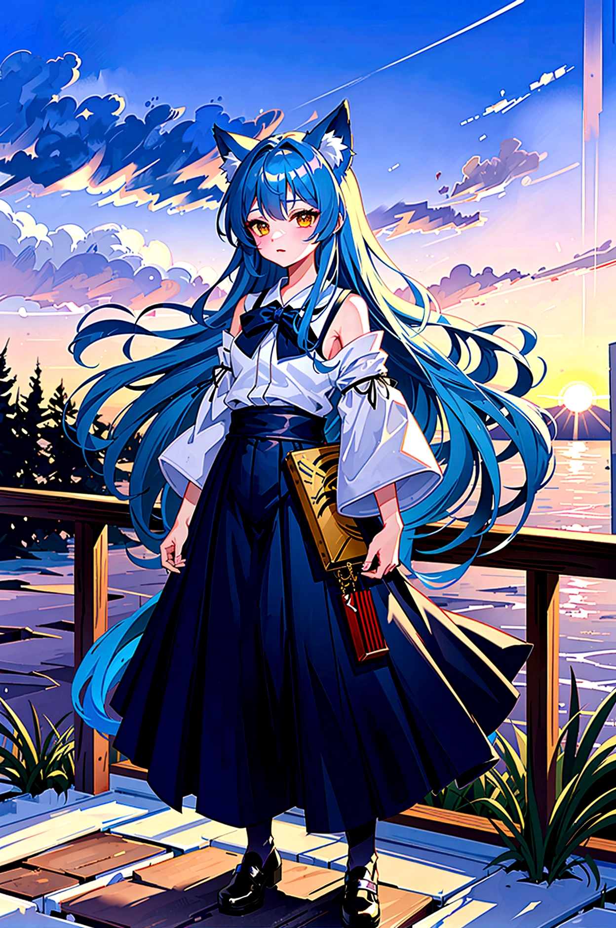 fox Light blue hair beast girl indigo fur fox beast girl Sesshomaru, Yellow eyes, Anime, Perfect face, Perfect Lighting, Outdoors, Warm colors, Dark purple sky, Autumn sunset, \(inuyasha\), Bearing Claw, Ready to fight