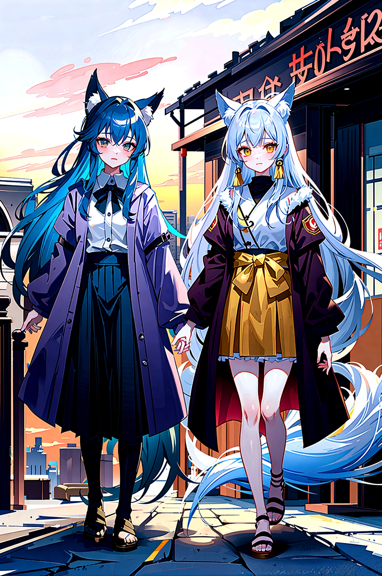fox Light blue hair 　beast girl　indigo fur　fox beast girl　Sesshomaru, Yellow eyes, Anime, Perfect face, Perfect Lighting, Outdoors, Warm colors, Dark purple sky, Autumn sunset,  \(inuyasha\), Bearing Claw, Ready to fight