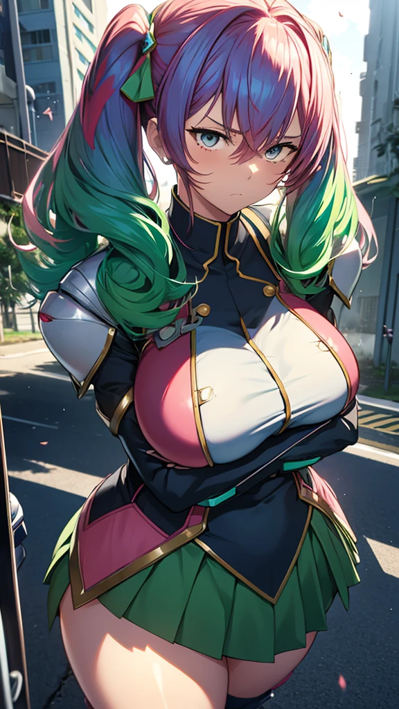 Anime, 1 girl, Zara, Zara's Double Pigtails hairstyle, charleston-green colored hair, teared student uniform, half-machine arms, bionical gauntlets, busty, gorgeous plump body, pink teared student uniform, medium skirt, nano-robots around her, Gray eyes, painful expression, bloodstained