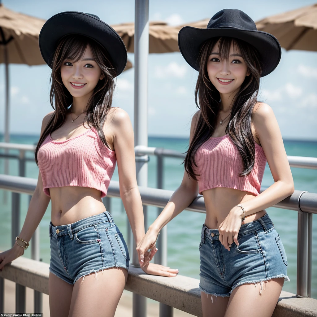 32 year old girl, very thin, with mini Texan brim, posing for photo, on the seafront in summer, with a pink top, smiling, dark black hair, light brown eyes