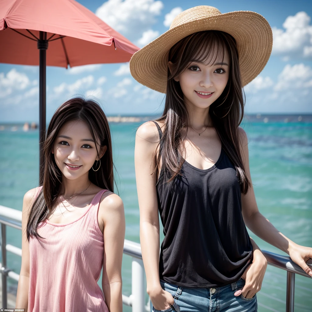 32 year old girl, very thin, with mini Texan brim, posing for photo, on the seafront in summer, with a pink top, smiling, dark black hair, light brown eyes