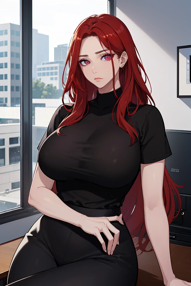 (Uhd, Masterpiece, Textured Skin, Super Detail, High Details, High Quality, Best Quality), Detailed Face, 1woman, mature pretty woman, Long red hair, (Black crop shirt), (black pants), (Huge Body:1.5, tall), sitting on a chair behind a office table, (Low-sized breasts), (Office room)