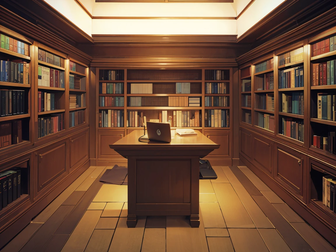 A narrow and dark study、A wall completely covered with bookshelves、desk with a computer、No people
