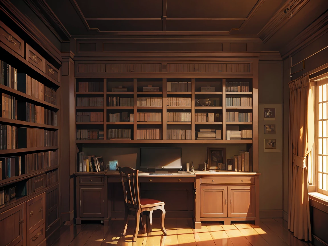 A narrow and dark study、A wall completely covered with bookshelves、desk with a computer、No people