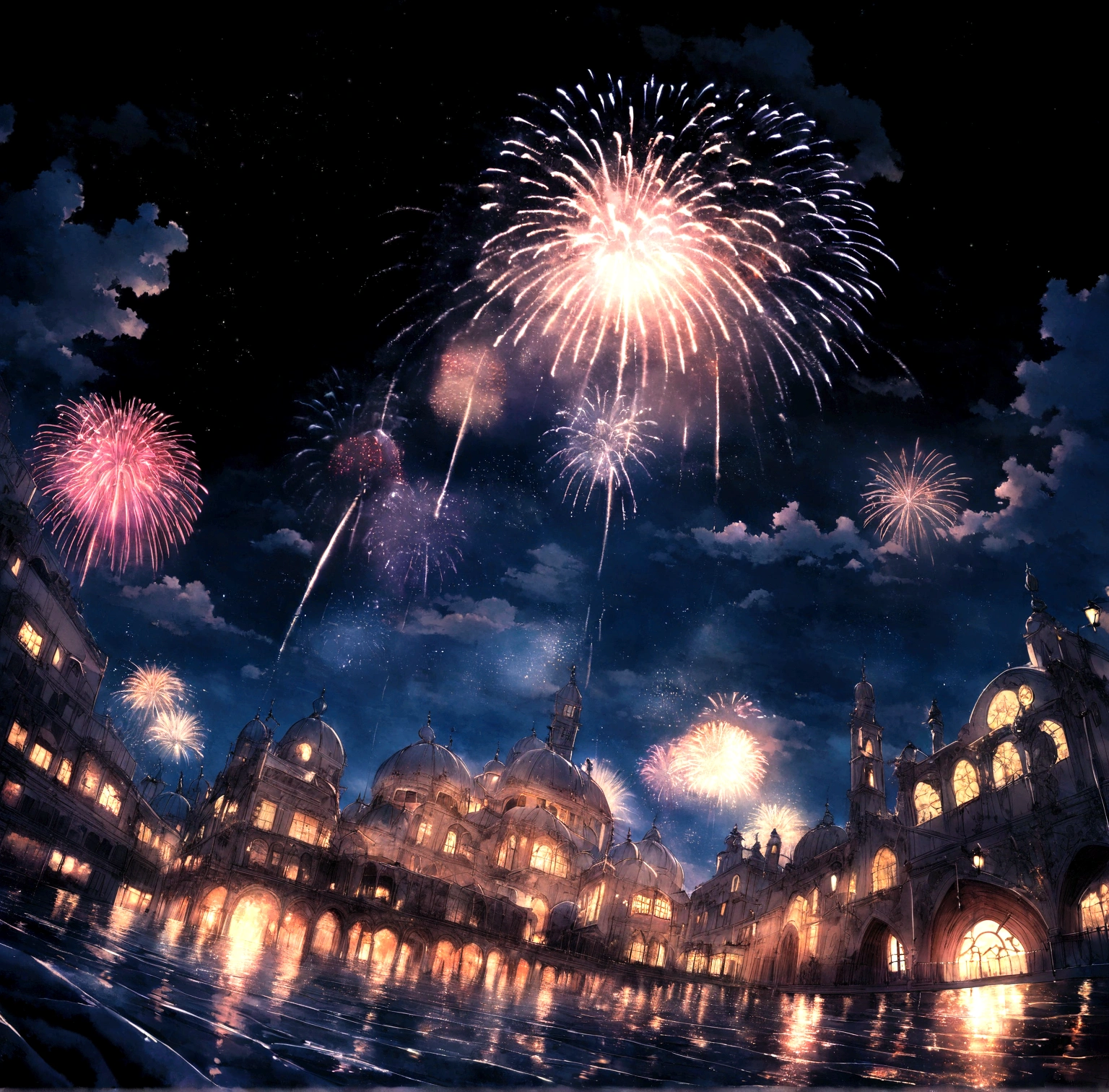 night city of venice in the year 1400 photo taken from below showing the wet and shiny floor 8k ultra bright detail with very impressive reflection of lights with flowers in the windows intense glow of the moon and fireworks in the sky lots of flowers in the windows a party lots of fireworks gigantic cloud fireworks in the sky and bright moon fireworks illuminating the sky