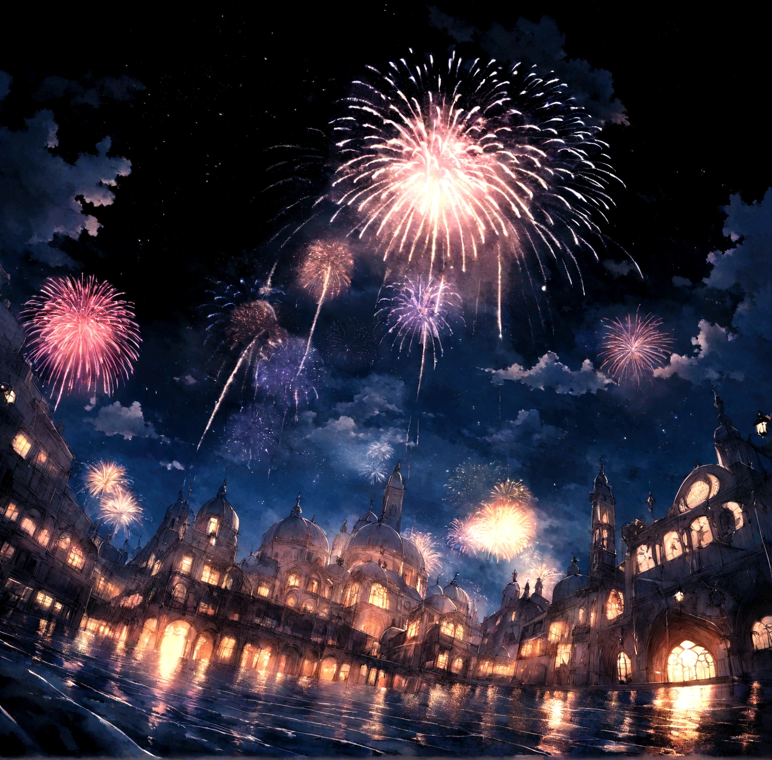 night city of venice in the year 1400 photo taken from below showing the wet and shiny floor 8k ultra bright detail with very impressive reflection of lights with flowers in the windows intense glow of the moon and fireworks in the sky lots of flowers in the windows a party lots of fireworks gigantic cloud fireworks in the sky and bright moon fireworks illuminating the sky