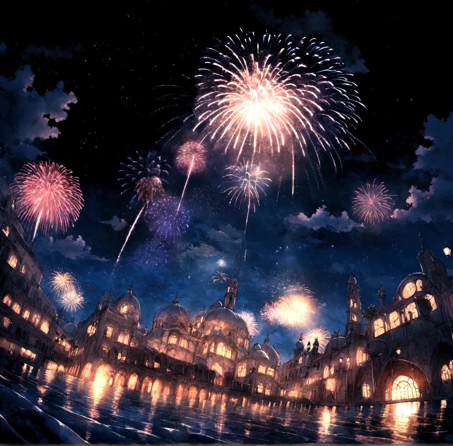night city of venice in the year 1400 photo taken from below showing the wet and shiny floor 8k ultra bright detail with very impressive reflection of lights with flowers in the windows intense glow of the moon and fireworks in the sky lots of flowers in the windows a party lots of fireworks gigantic cloud fireworks in the sky and bright moon fireworks illuminating the sky