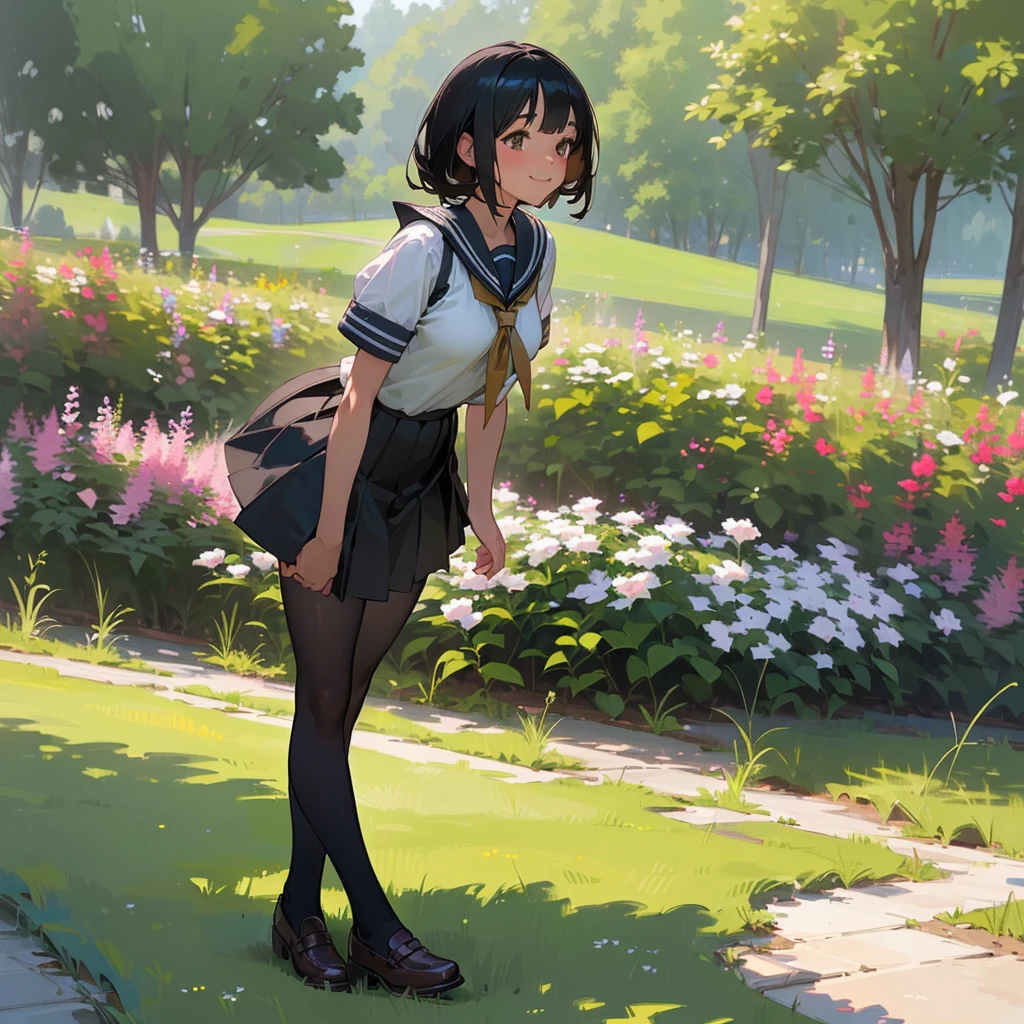 (Highest quality, High resolution, Super detailed, Realistic:1.37), Peaceful atmosphere, (Outdoor, garden), age girl standing alone,(my breasts are big.),Beautifully detailed features, Cute Smile, ((Black bob hair)),Short-sleeved sailor uniform, Pleated skirt,Black tights,Brown leather shoes.