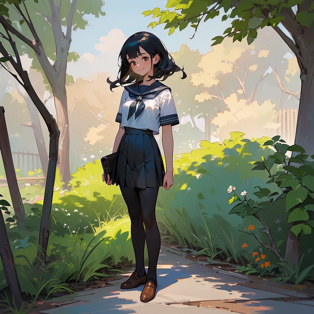 (Highest quality, High resolution, Super detailed, Realistic:1.37), Peaceful atmosphere, (Outdoor, garden), Teenage girl standing alone,(my breasts are big.),Beautifully detailed features, Cute Smile, ((Black bob hair)),Short-sleeved sailor uniform, Pleated skirt,Black tights,Brown leather shoes.