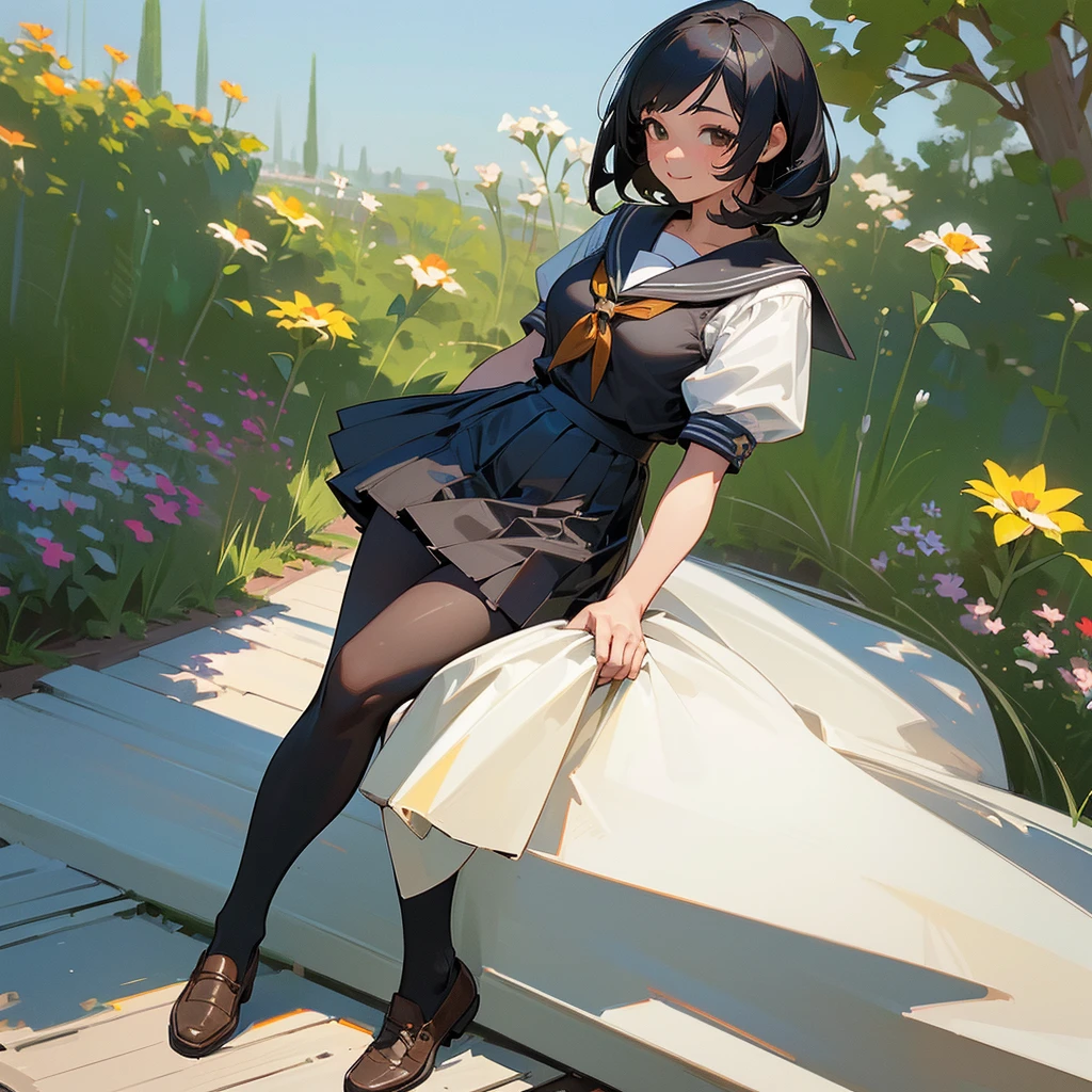 (Highest quality, High resolution, Super detailed, Realistic:1.37), Peaceful atmosphere, (Outdoor, garden), age girl standing alone,(my breasts are big.),Beautifully detailed features, Cute Smile, ((Black bob hair)),Short-sleeved sailor uniform, Pleated skirt,Black tights,Brown leather shoes.