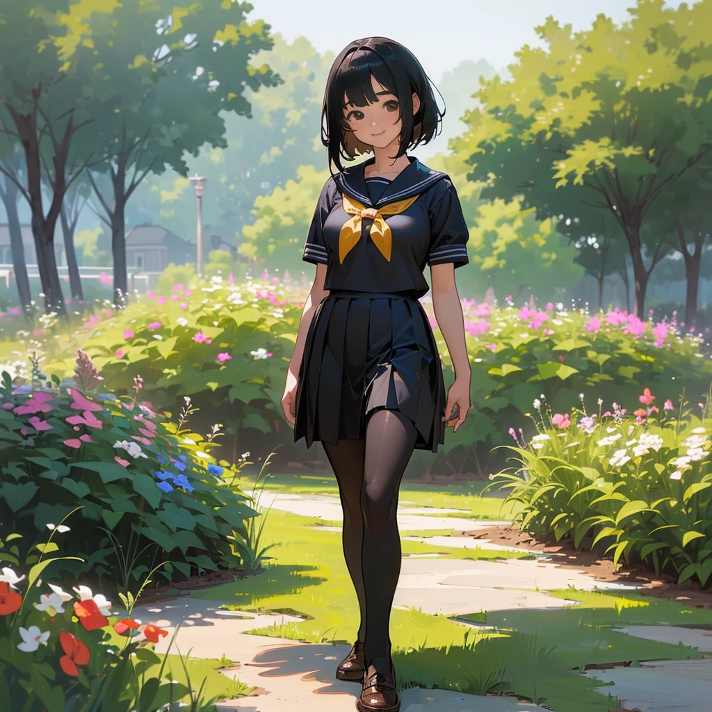 (Highest quality, High resolution, Super detailed, Realistic:1.37), Peaceful atmosphere, (Outdoor, garden), Teenage girl standing alone,(my breasts are big.),Beautifully detailed features, Cute Smile, ((Black bob hair)),Short-sleeved sailor uniform, Pleated skirt,Black tights,Brown leather shoes.