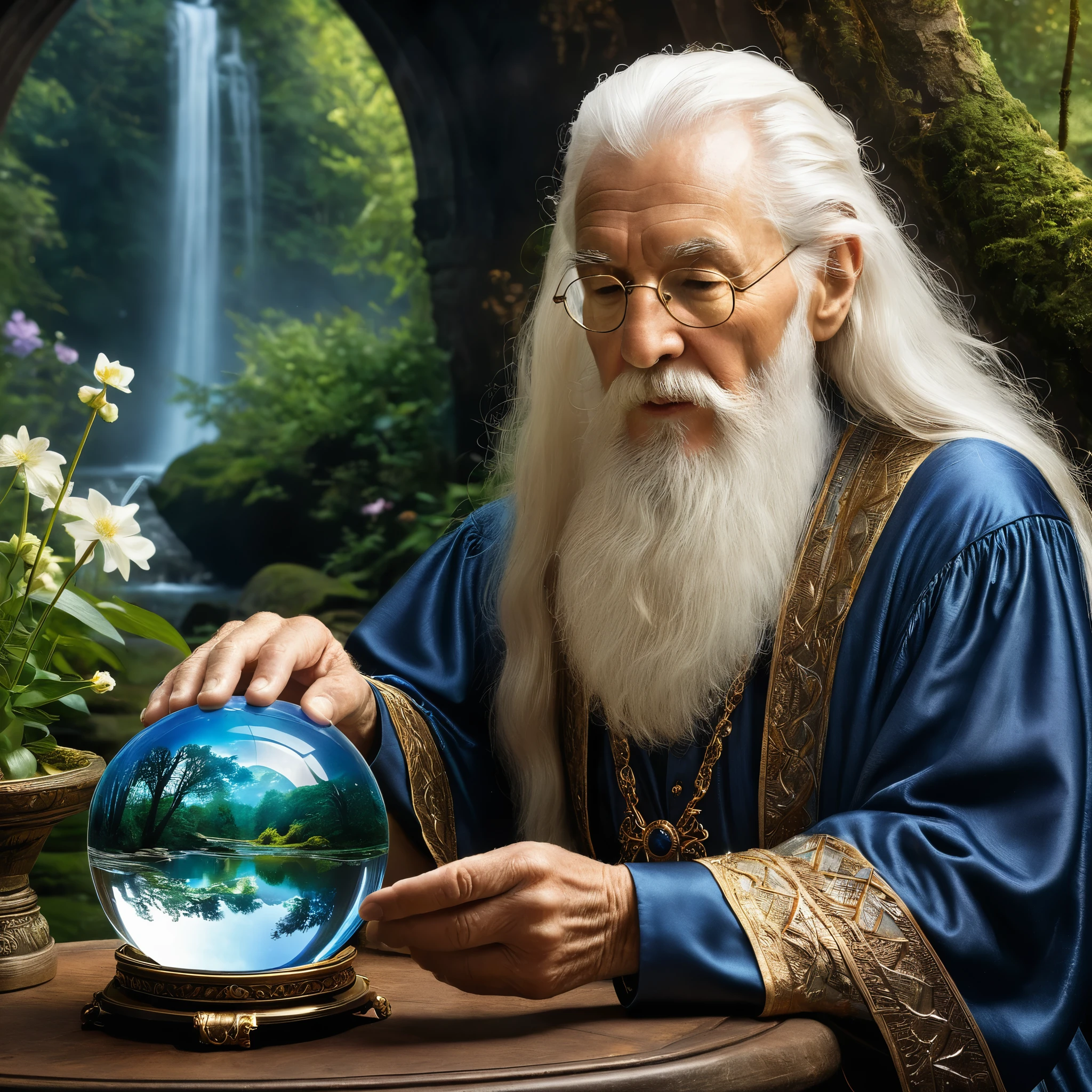 Create a highly detailed and realistic image of an elderly wizard with long white hair and a beard, holding a large crystal ball. The crystal ball contains a miniature, vivid landscape with a river flowing through a lush forest, surrounded by trees and flowers. The wizard's expression is contemplative as he gazes at the scene within the crystal ball. The background includes a dimly lit, mystical setting with arches and soft, warm lighting, adding to the magical atmosphere. Photo Realistic photo, vibrant colors, 16k