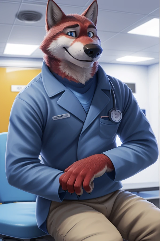 Ivan Fedorovich Wolfbach (Novosibirsk) ,tall handsome, wolf,young, 24 years, brown fur,Kind,(red body:1.3),beautiful blue eyes,Novosibirsk,dressed,medical suit, doctor surgeon ophthalmologist, canine, wolf, detailed fur, male, second, paw pads, finger claws,At the viewer, 5 fingers, paws, 5 fingers, smile, wrist watch, т nextel,by xenoforge, (difficult, high detail, digital photography, soft focus, RAW,Is going to the shop, ,Very close to the camera, variety,Novosibirsk, smile, good mood, positive, Very close to the camera, medical suit, eye microsurgery,
Photorealism, realistic, photorealistic, digital style, Subsurface scattering,I look at the viewer,is sitting, operating room, ophthalmologist,
masterpiece, Best quality, ultra realistic, 8 thousand.)