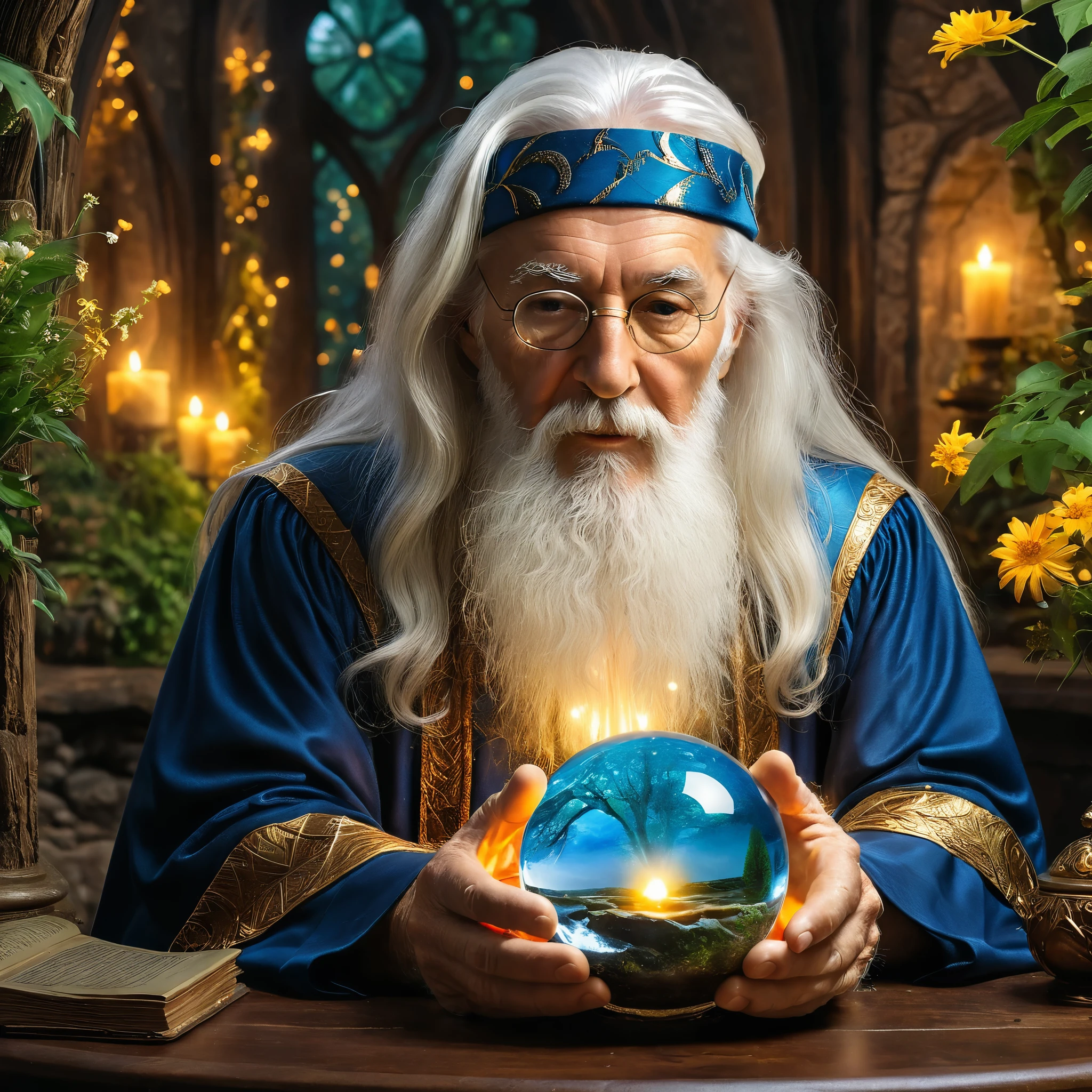Create a highly detailed and realistic image of an elderly wizard with long white hair and a beard, holding a large crystal ball. The crystal ball contains a miniature, vivid landscape with a river flowing through a lush forest, surrounded by trees and flowers. The wizard's expression is contemplative as he gazes at the scene within the crystal ball. The background includes a dimly lit, mystical setting with arches and soft, warm lighting, adding to the magical atmosphere. Photo Realistic photo, vibrant colors, 16k