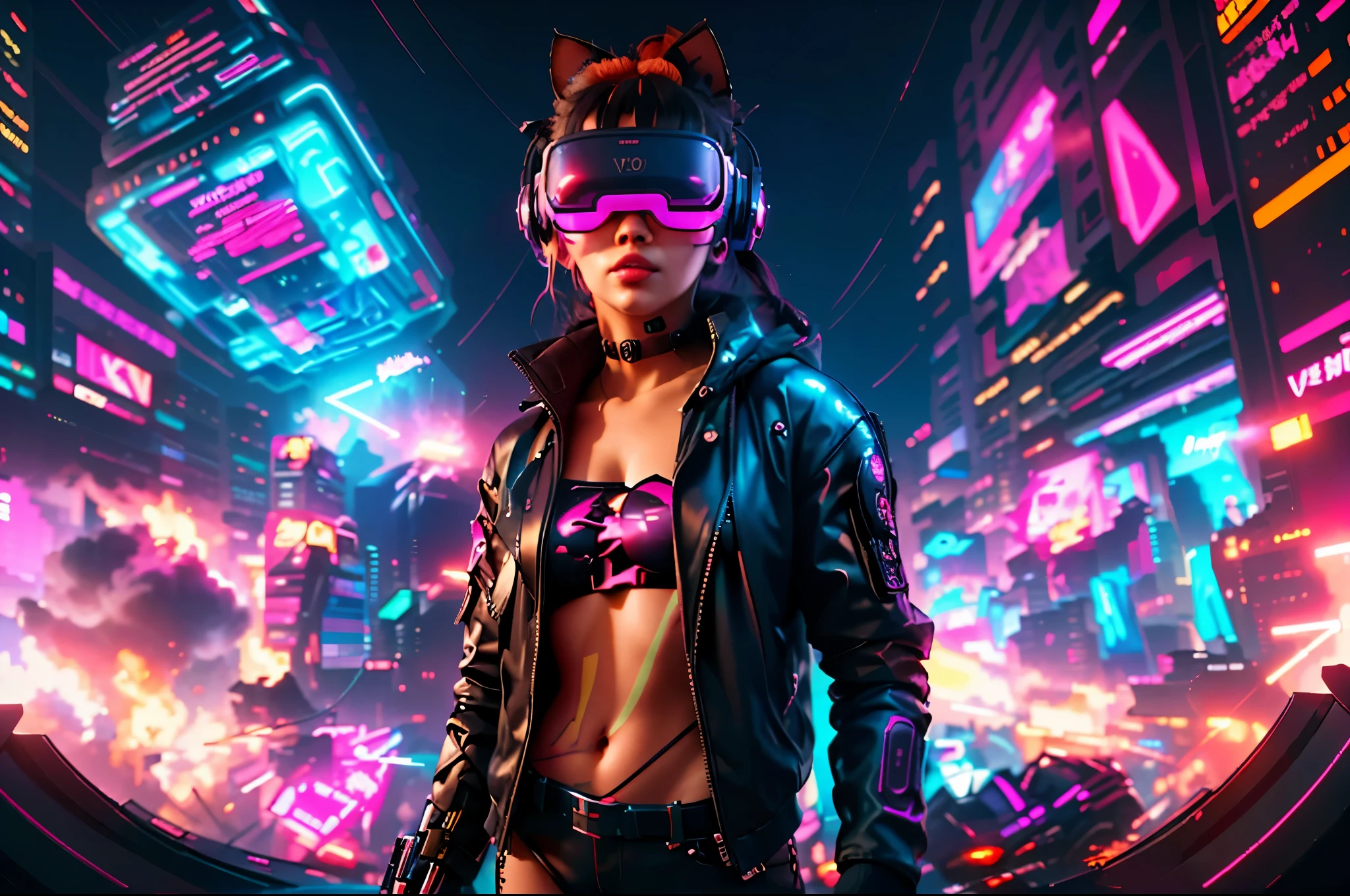 junkotvv cabello largo , messy hair, orejas de gato   a girl in a black jacket and glasses stands in front of a futuristic city, vr game, cyberpunk vibe, cyberpunk vibes, deeper into the metaverse we go, has cyberpunk style, cyberpunk theme, in cyber punk 2077, cyberpunk futuristic, cyberpunk future, synthwave, wearing cyberpunk streetwear, futuristic cyberpunk, cyberpunk tech, retro cyberpunk, synthwave style