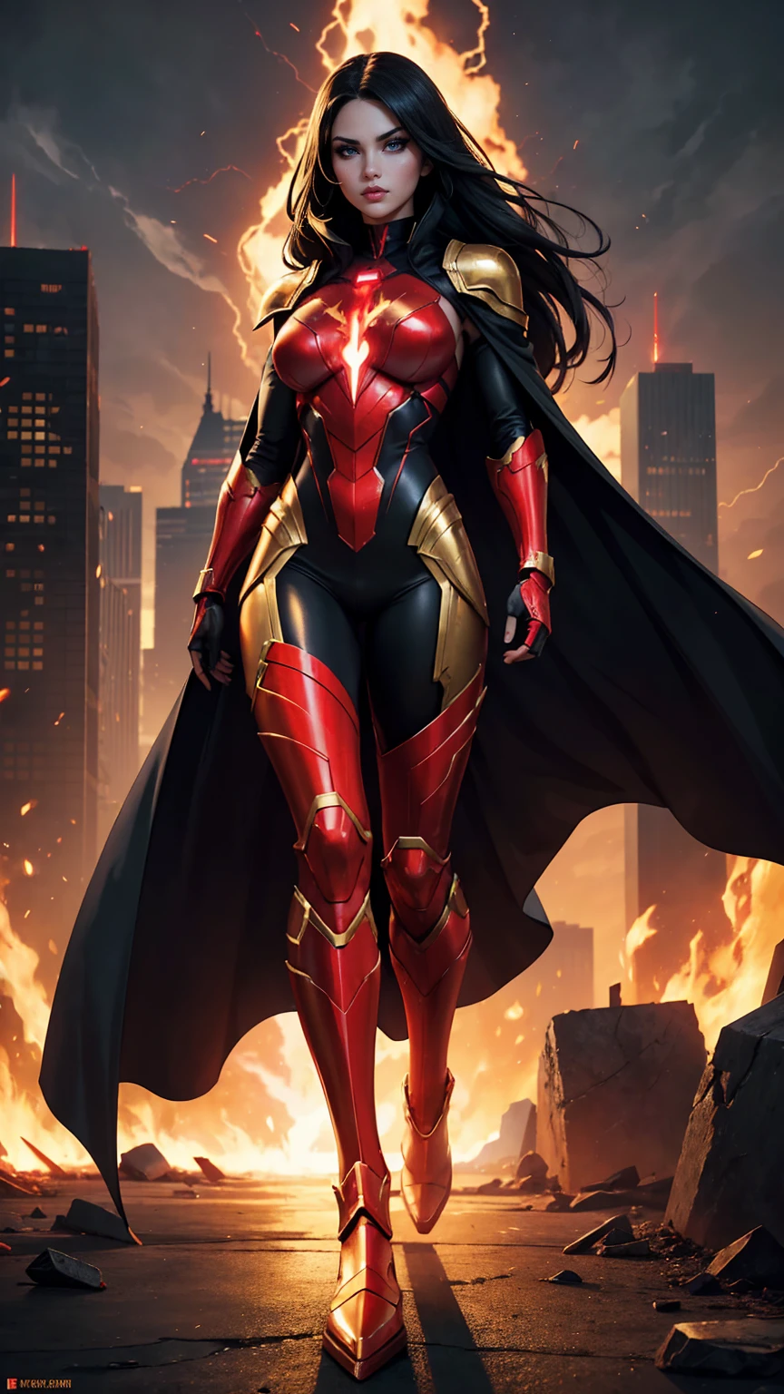 (((full body photo))) Detailed background, masterpiece, best quality, 25 year old female supervillain, red skin decent, black eyeballs, futuristic skyline, burning buildings, meteor crashing in background, super long flowing black hair, long gold cape, evil but beautiful face, toned thin figure, full body, flying pose, elegant, powerful, immortal, lit by red solar flare, fire storm, body armor, armored gold boots, glowing red accents on costume, gold armored gloves, red and black superhero bodysuit, red glow in eyes