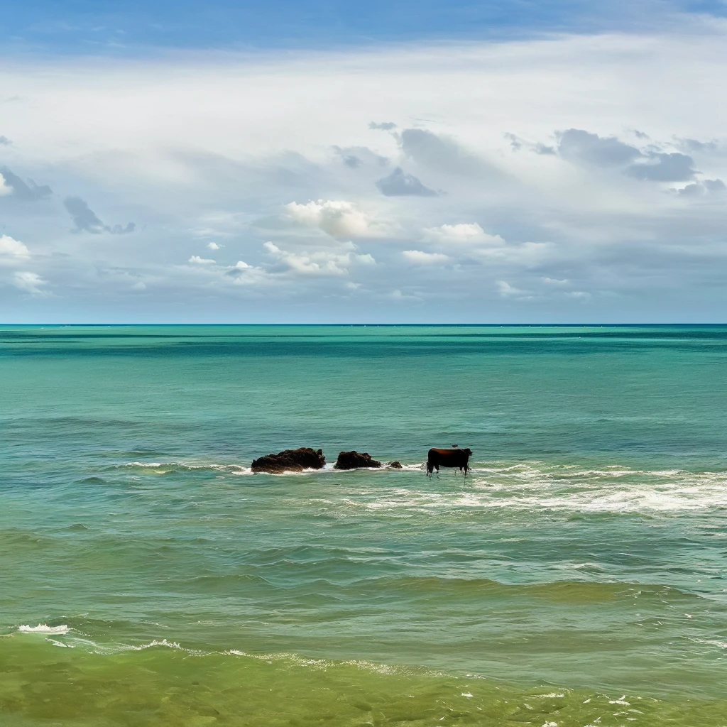 There are two cows standing in the water on the shore, Coastline on the horizon, A photo of the ocean, Ocean and rocky landscape, calm ocean landscape, The rocks are in the sea, the Ocean in the background, Background is the sea, Ocean in the background, The ocean in the distance, Caribbean turquoise water, Sea view, Sea view