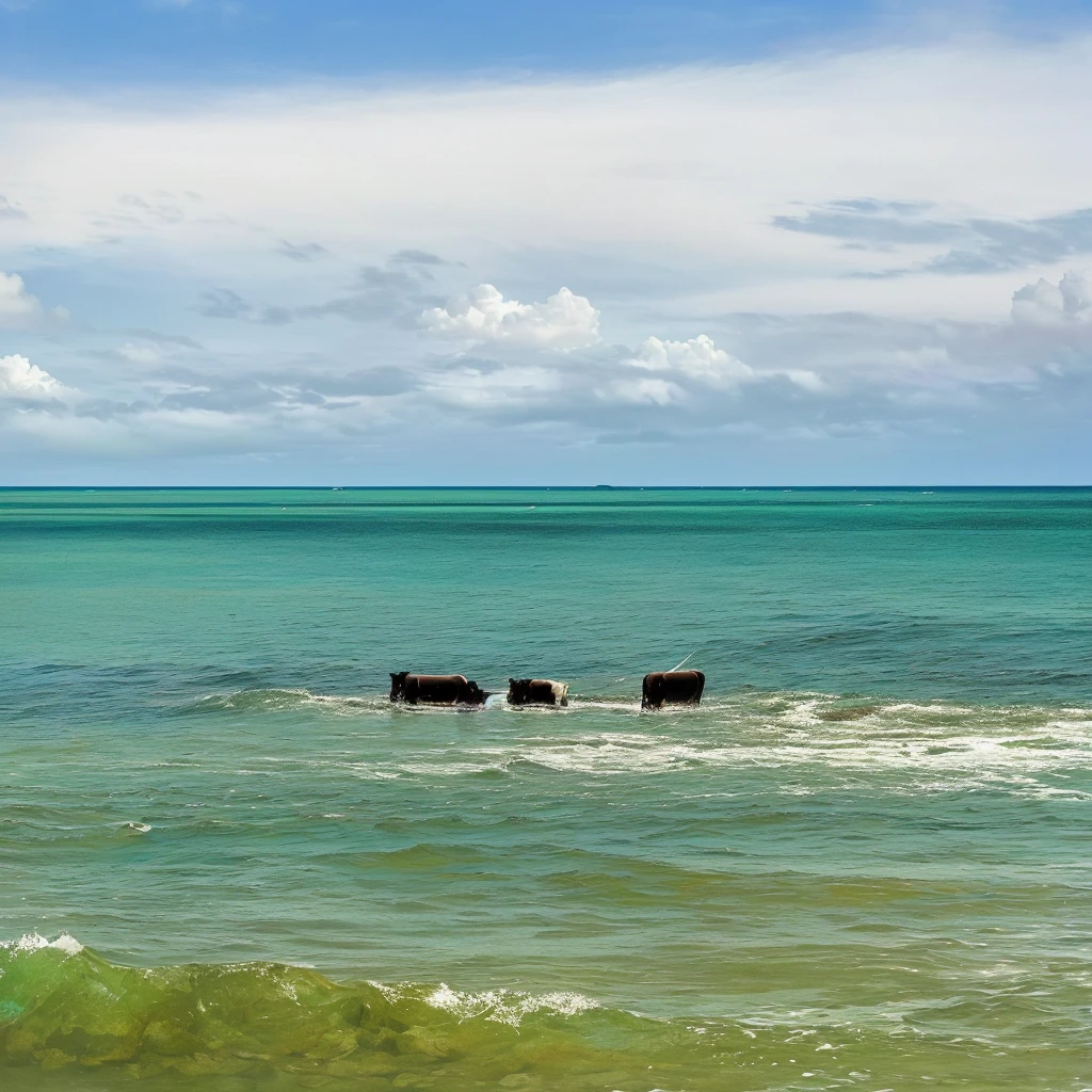 There are two cows standing in the water on the shore, Coastline on the horizon, A photo of the ocean, Ocean and rocky landscape, calm ocean landscape, The rocks are in the sea, the Ocean in the background, Background is the sea, Ocean in the background, The ocean in the distance, Caribbean turquoise water, Sea view, Sea view