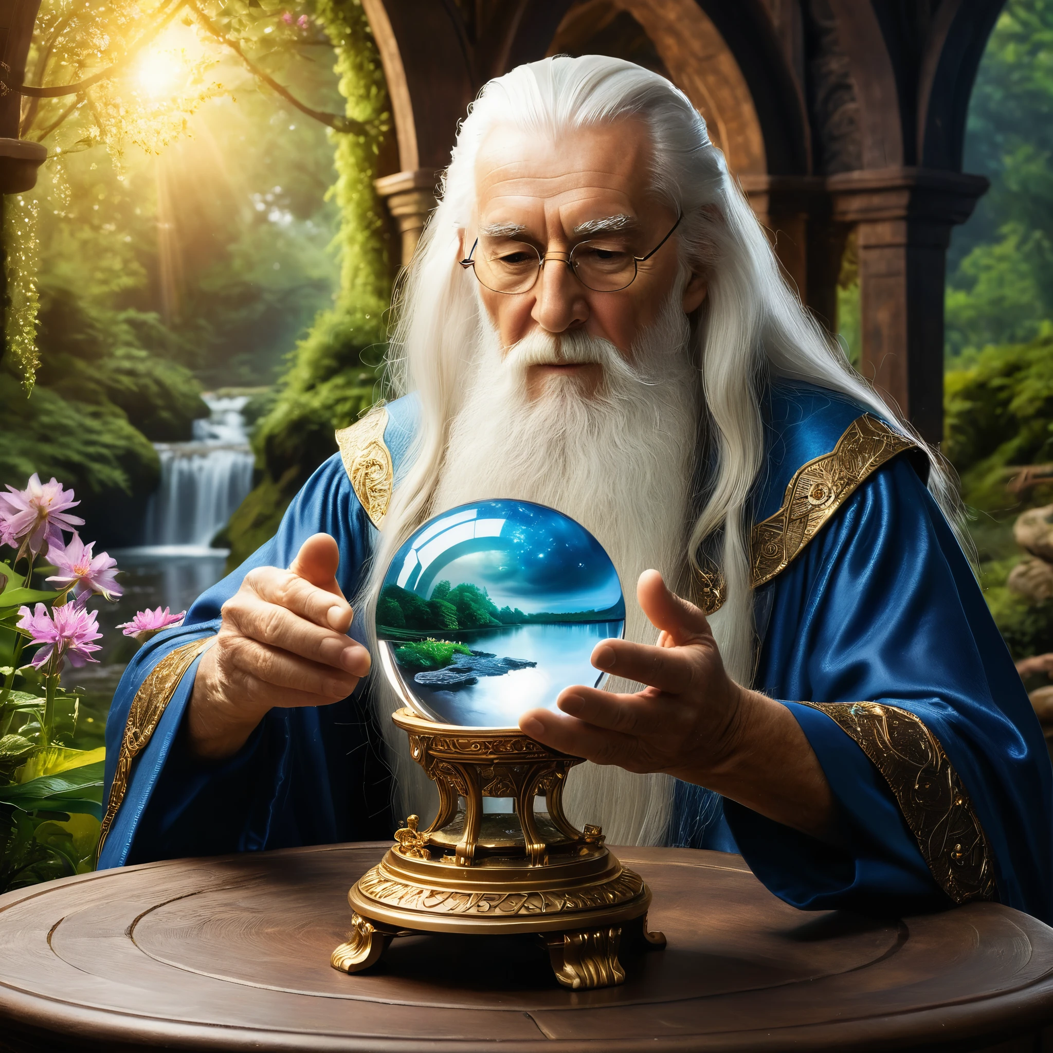 Create a highly detailed and realistic image of an elderly wizard with long white hair and a beard, holding a large crystal ball. The crystal ball contains a miniature, vivid landscape with a river flowing through a lush forest, surrounded by trees and flowers. The wizard's expression is contemplative as he gazes at the scene within the crystal ball. The background includes a dimly lit, mystical setting with arches and soft, warm lighting, adding to the magical atmosphere. Photo Realistic photo, vibrant colors, 16k