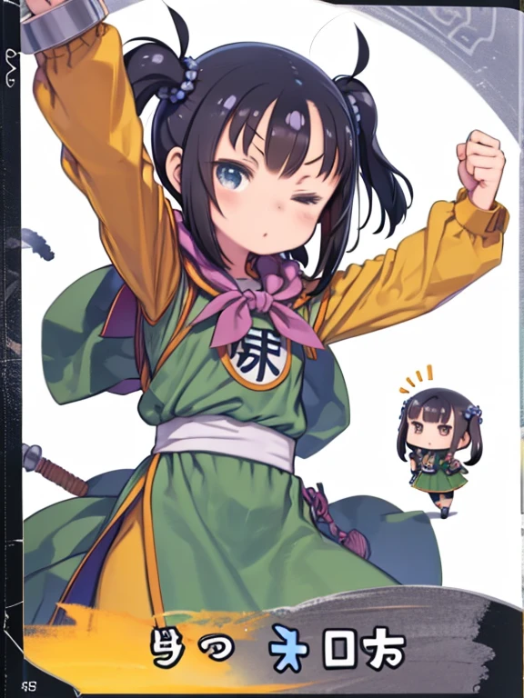 Front view、One Girl、Simple Background、(Chibi Character、Nendoroid、Big Head、Big eyes、4 heads)、Warrior (dq3), One girl, alone, Long Hair, Twin tails, View your viewers, Black Hair, hair ornaments, Long sleeve, dress, Green costume、Medium chest, Mouth closed, Cowboy Shot, Iris, Raise your arms, Chinese clothing, Hair ties, Clenched hands, Combat Stance, 陰陽のSimple Background