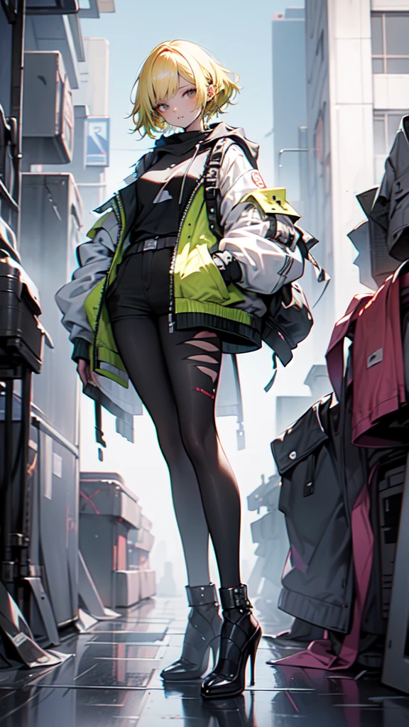 1 girl, short yellow hair, cyberpunk, Alice in Wonderland, black high heels, hand in pocket, best quality, 4k, 8k, highres, masterpiece:1.2, ultra-detailed, realistic, photorealistic, photo-realistic:1.37, HDR, UHD, studio lighting, ultra-fine painting, sharp focus, physically-based rendering, extreme detail description, professional, vivid colors, bokeh, concept art