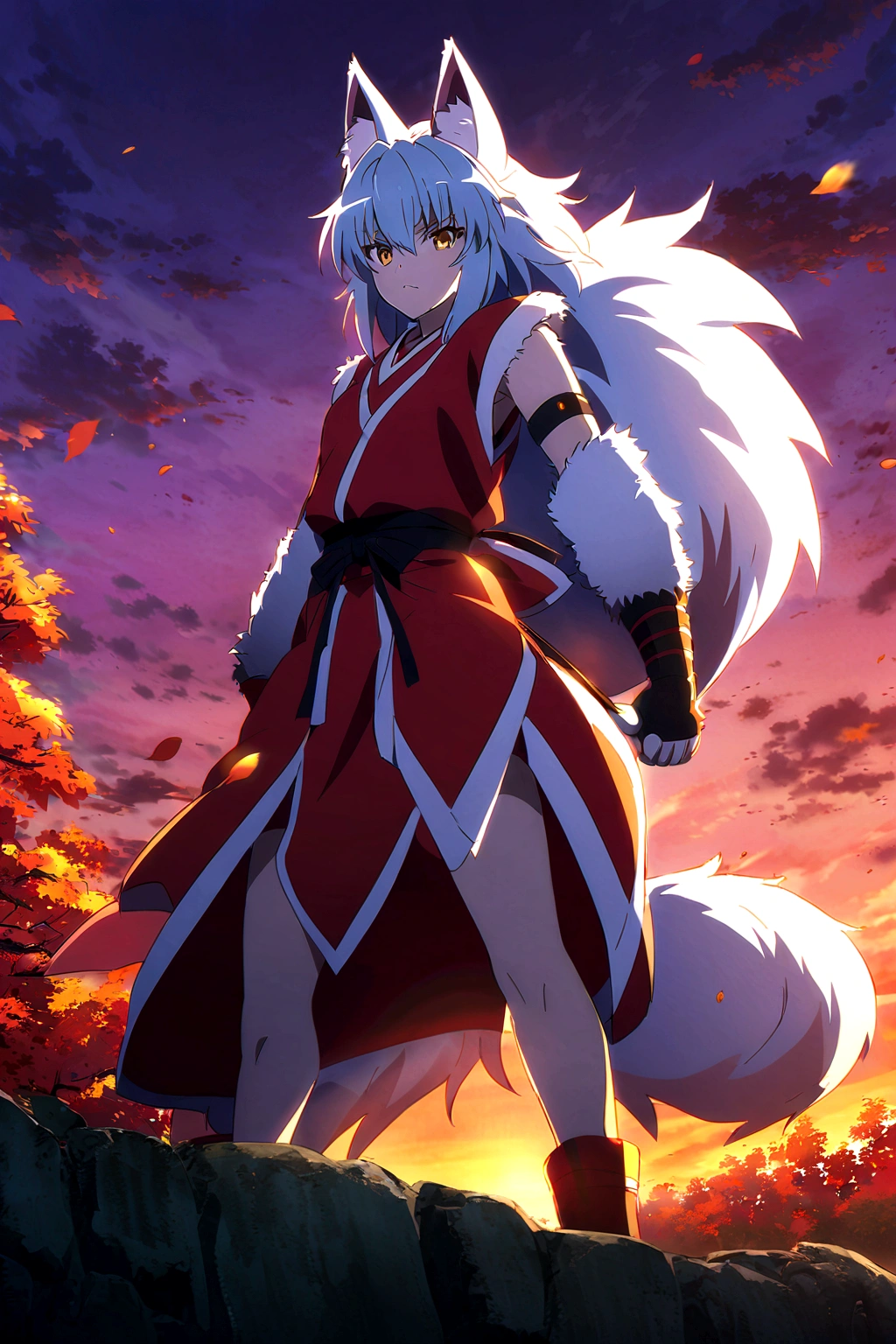 fox Light blue hair 　beast girl　indigo fur　fox beast girl　Sesshomaru, Yellow eyes, Anime, Perfect face, Perfect Lighting, Outdoors, Warm colors, Dark purple sky, Autumn sunset,  \(inuyasha\), Bearing Claw, Ready to fight
